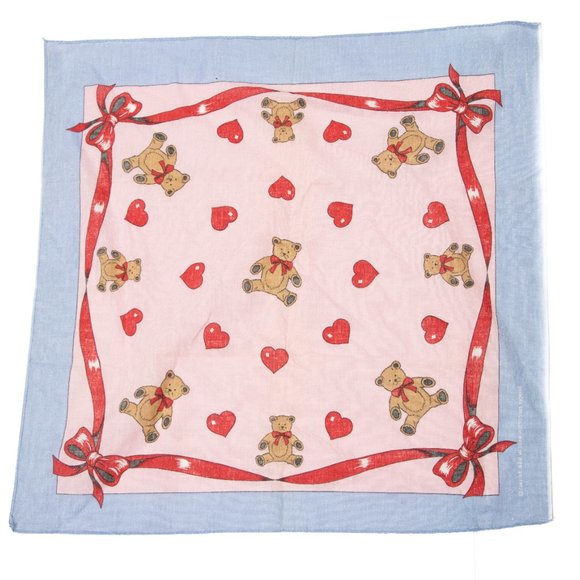 Vintage 80's Cotton Bandana Scarf | Hearts, Ribbon, Teddy Bears Pink Red + Blue - Picture 4 of 5